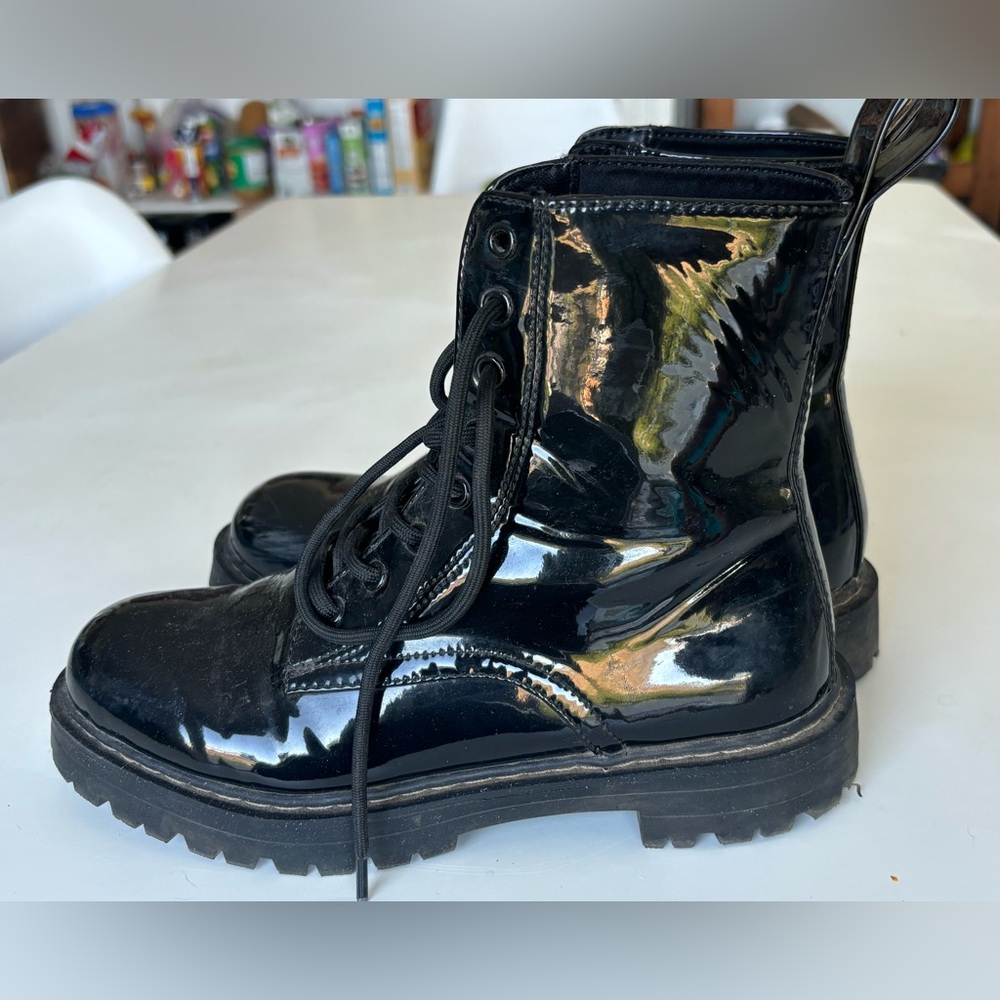 Faux patent leather boots